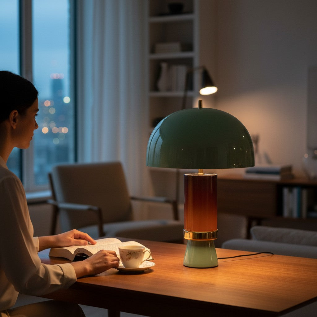 Depuis des lustres CADES vintage mushroom lamp with sage green dome, terracotta base, and gold ring on a wooden desk