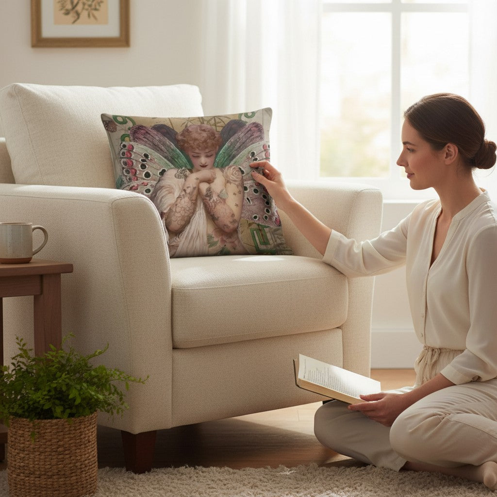 Depuis des lustres Voglio Bene Angel velvet cushion with winged figure print and black piping on a cream armchair