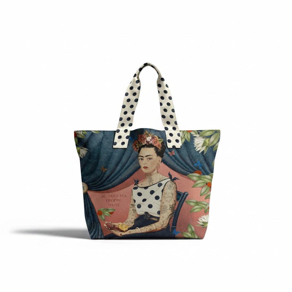 Depuis des lustres Voglio Bene La Muse tote bag featuring a tattooed woman portrait with polka dot handles