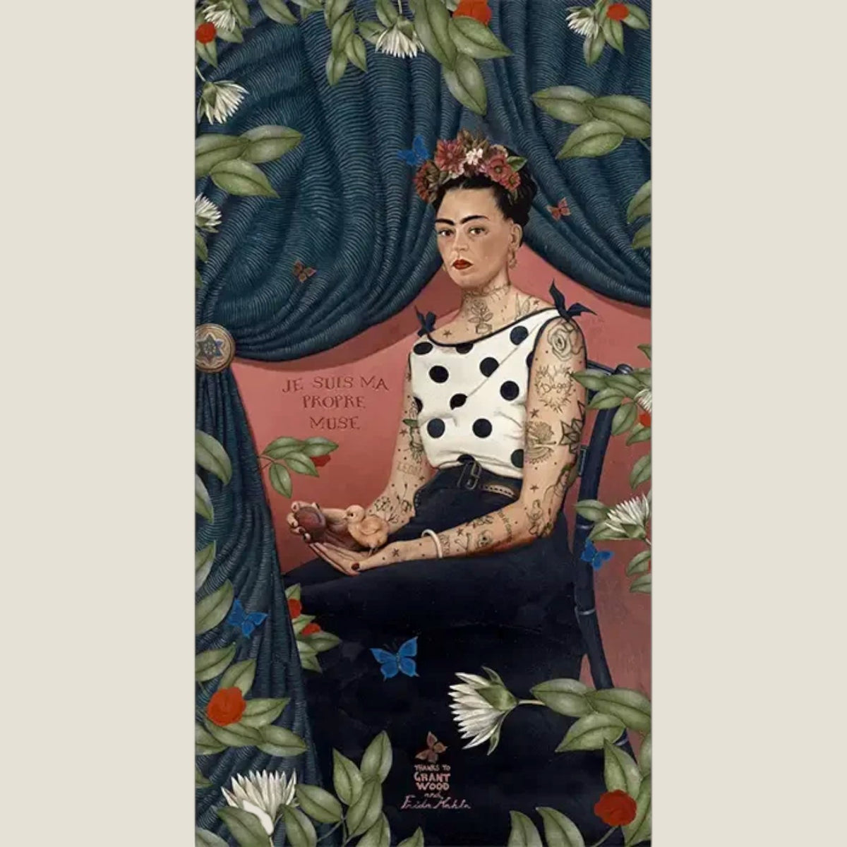Depuis des lustres Voglio Bene La Muse velvet wall hanging featuring a tattooed woman with a chick and floral border.