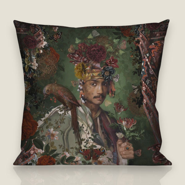 Depuis des lustres Voglio Bene Le Sultan velvet cushion featuring a tattooed man with a floral turban and parrot.