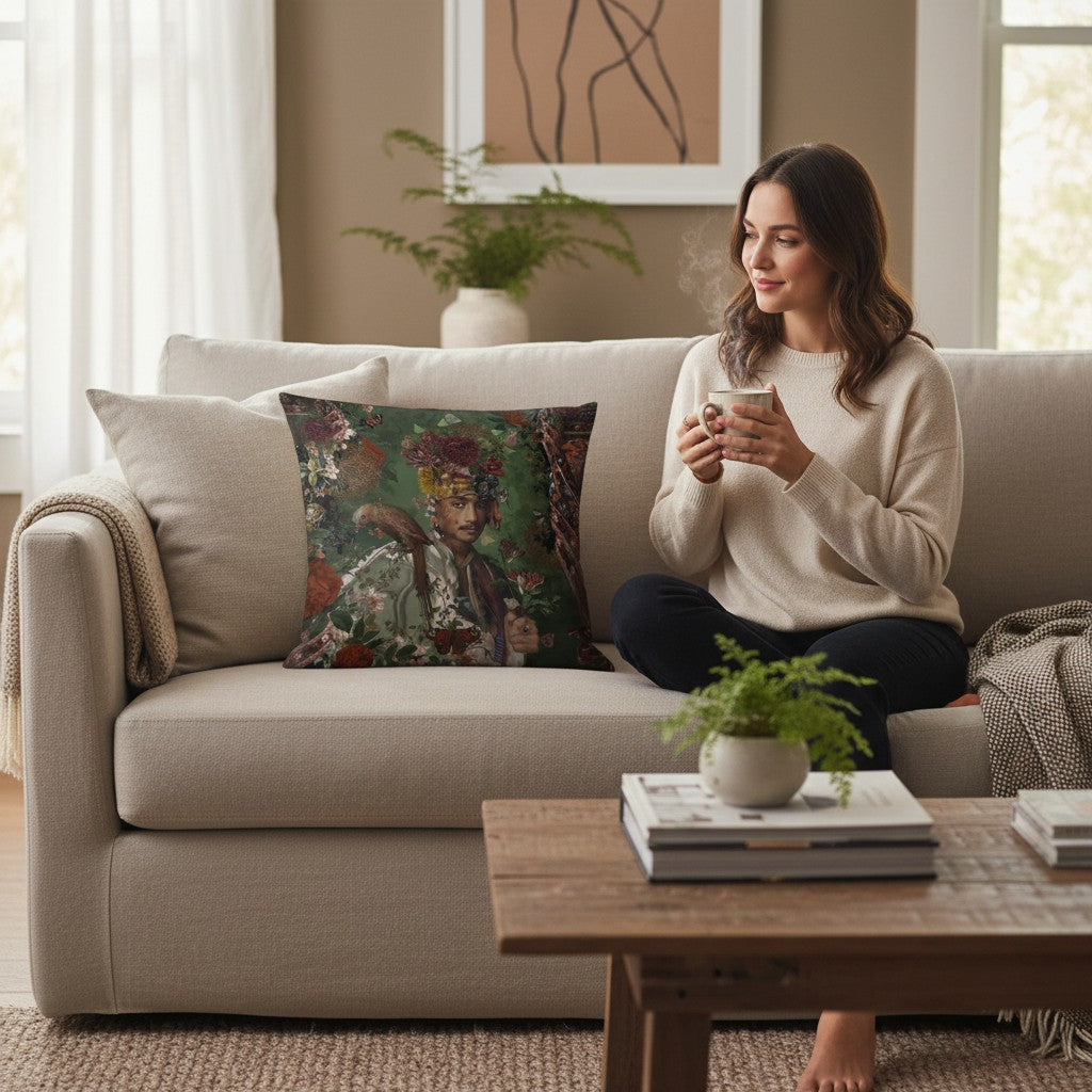 Depuis des lustres Voglio Bene Le Sultan velvet cushion with floral portrait on a sofa with a woman holding a mug