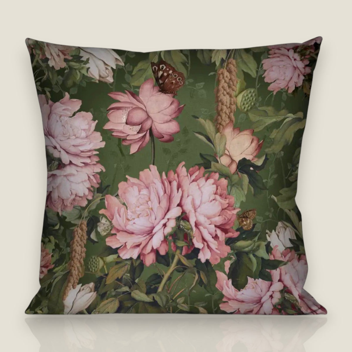 Depuis des lustres Voglio Bene velvet cushion featuring pink peonies, butterflies, and chinoiserie print on green.
