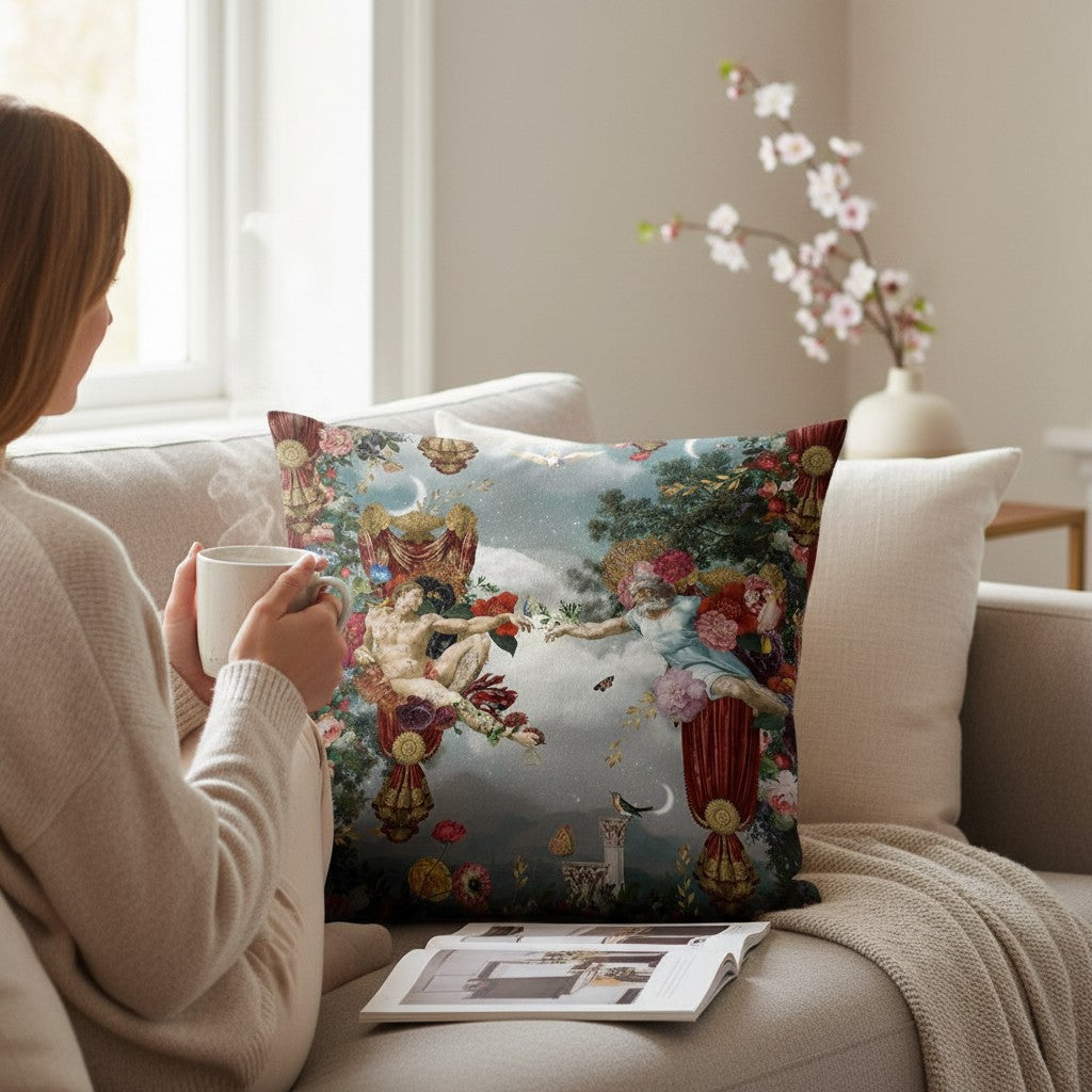 Depuis des lustres Voglio Bene velvet cushion featuring The Creation of Adam with floral and bird motifs on a sofa.