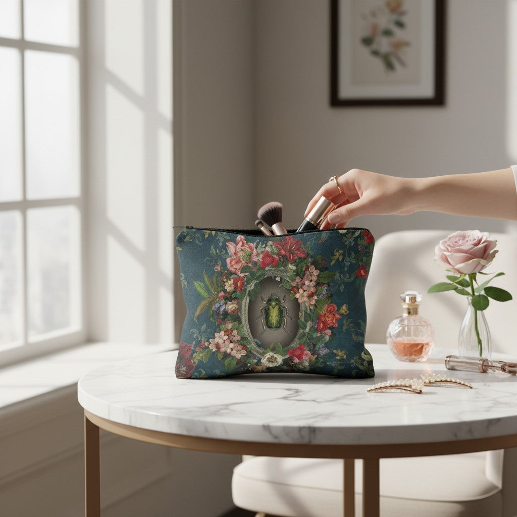 Depuis des lustres Voglio Bene velvet makeup bag with beetle and floral print on a marble table with cosmetics.