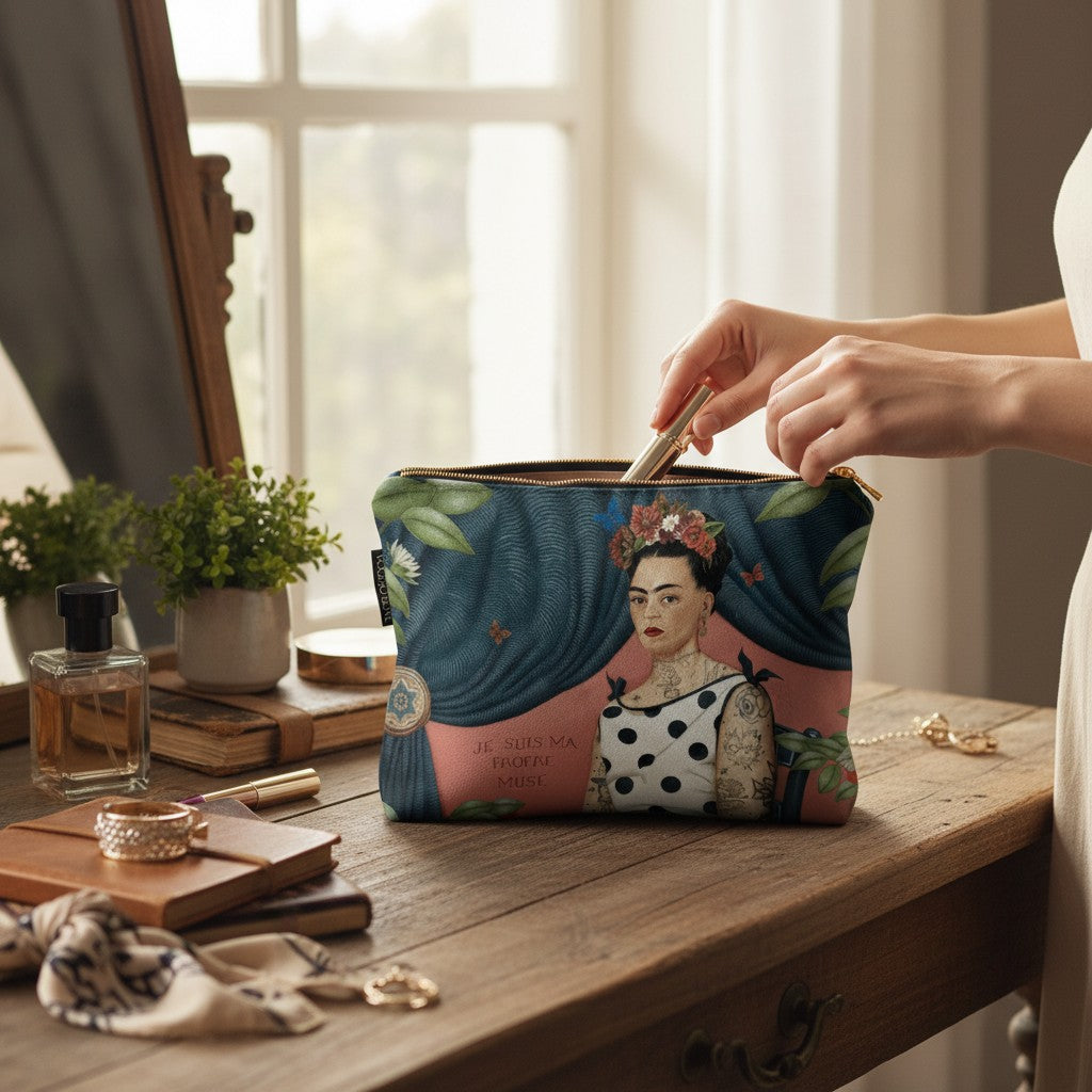 Depuis des lustres Voglio Bene La Muse velvet pouch with tattooed woman illustration and gold zipper on wooden table