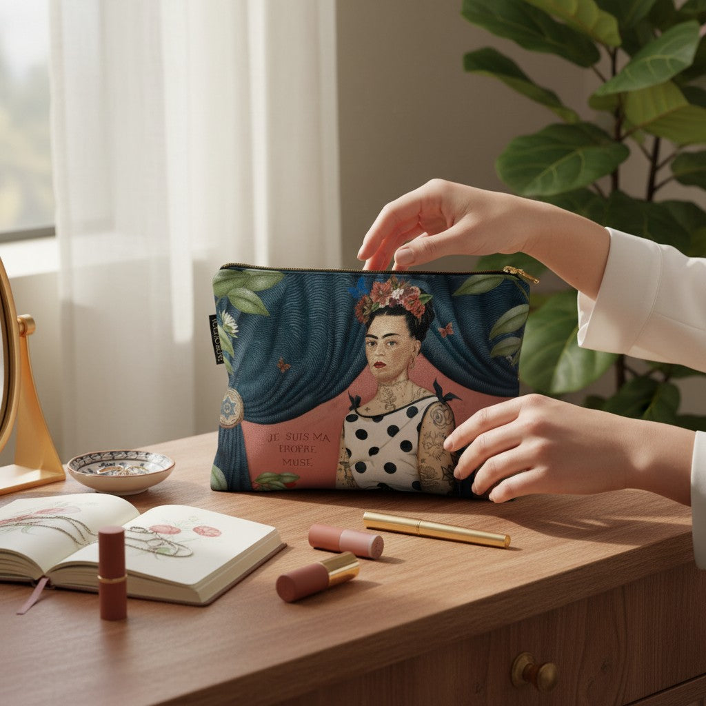 Depuis des lustres Voglio Bene La Muse velvet pouch with Frida-inspired tattoo art and gold zip on a wooden desk.
