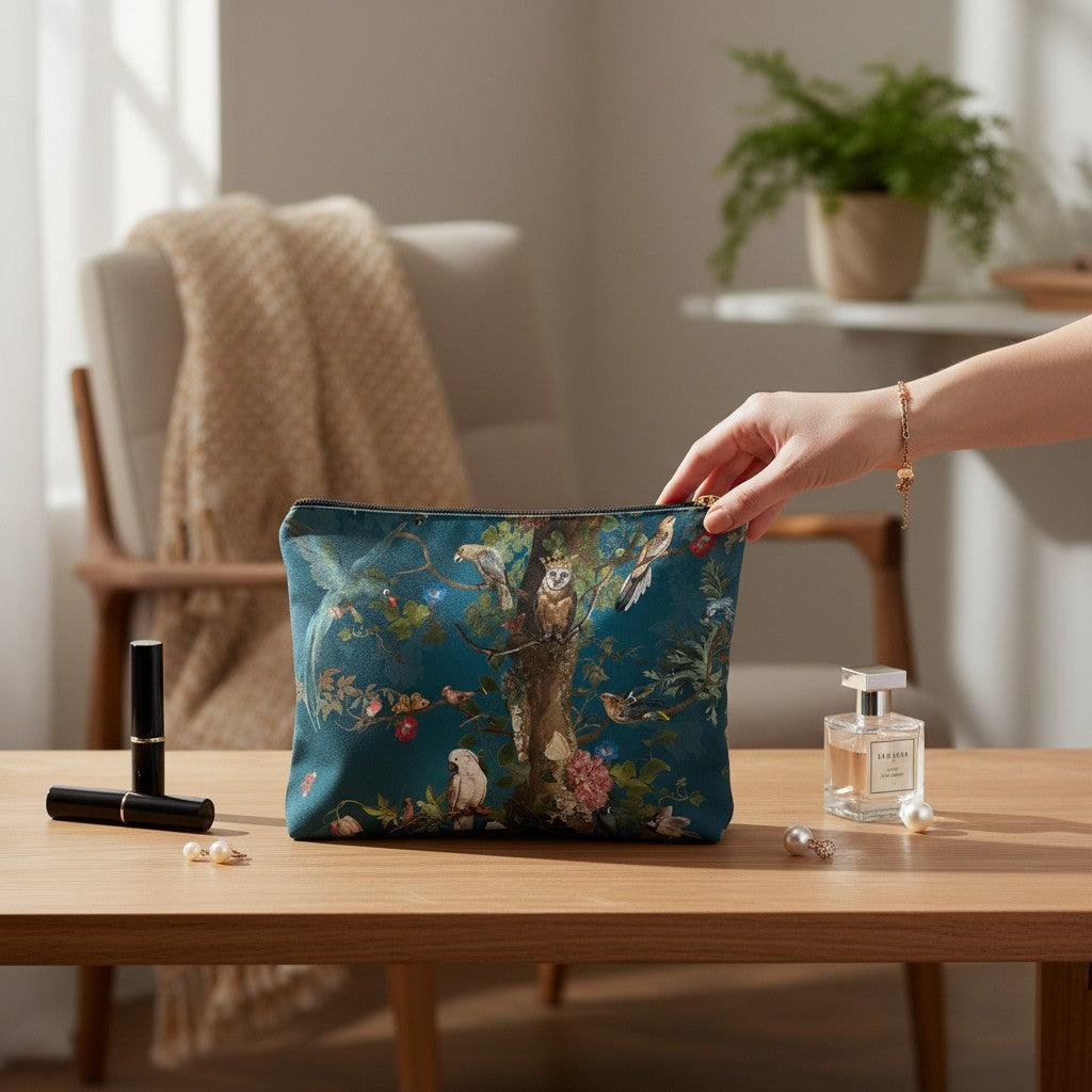 Depuis des lustres Voglio Bene velvet pouch with Tree of Life print, exotic birds, and gold zipper on wooden table.