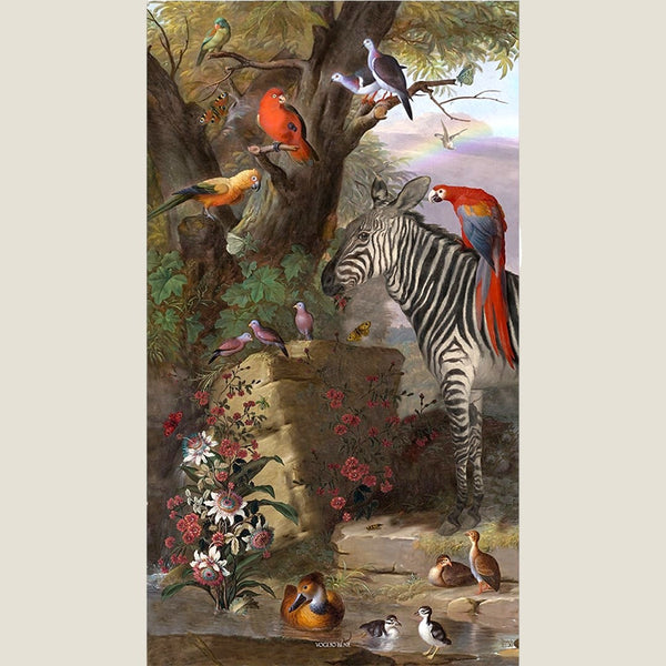 Depuis des lustres Voglio Bene velvet wall hanging featuring a zebra, exotic birds, and flowers in a lush forest.
