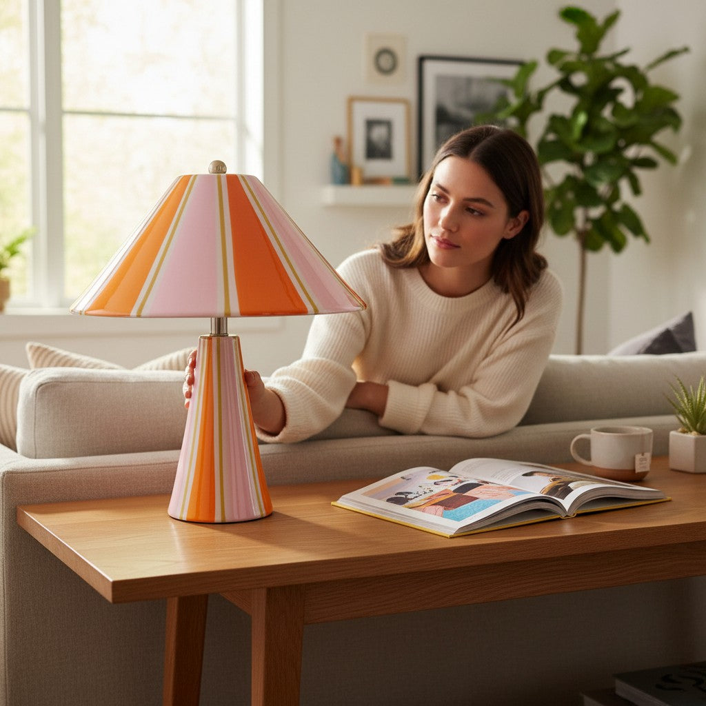 Depuis des lustres Zélie table lamp with pink, orange, and gold striped ceramic base and matching flared lampshade.