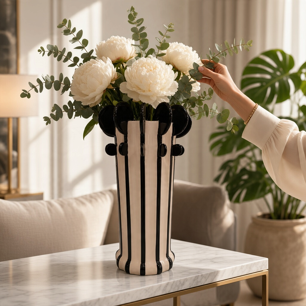 Vase céramique rayé noir et blanc H37 – Décor peint à la main
