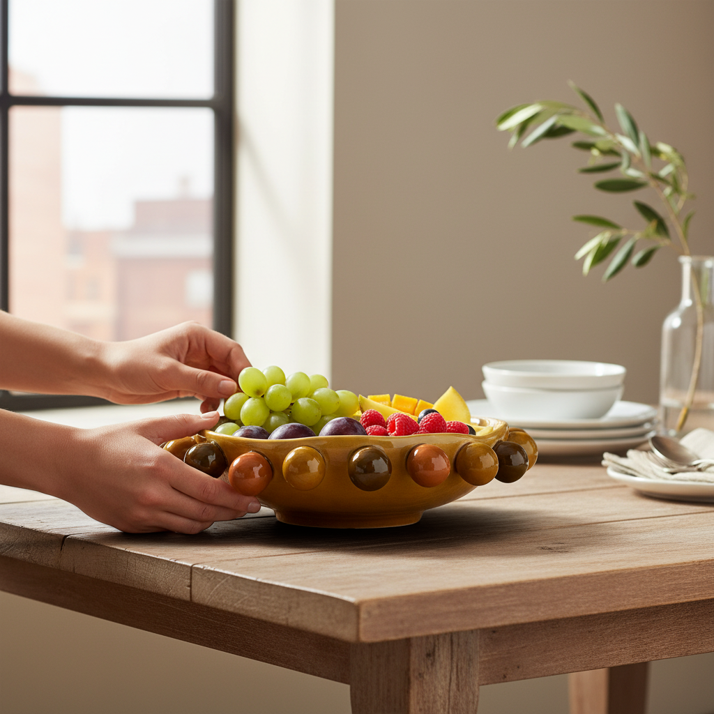 Depuis des lustres REBECCA brown ceramic centerpiece bowl with amber glaze and decorative terracotta beaded rim