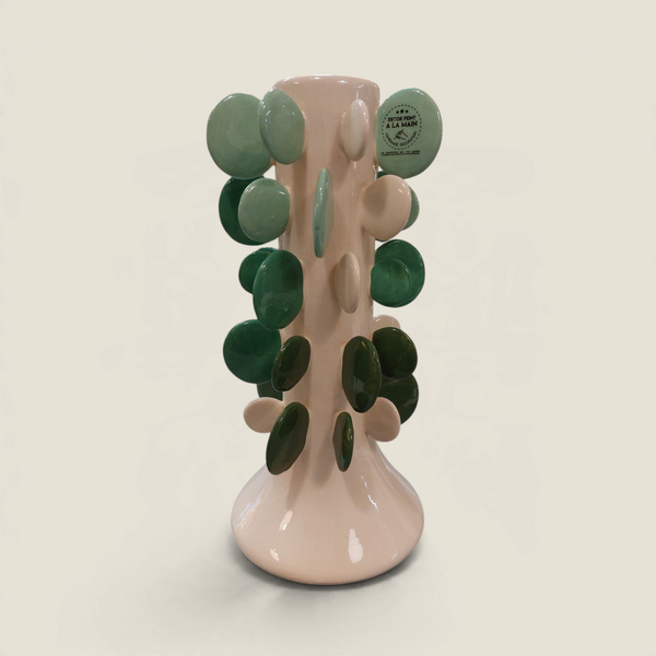 Vase en céramique Depuis des lustres blanc crème avec des pastilles vertes en relief peintes à la main, 33 cm
