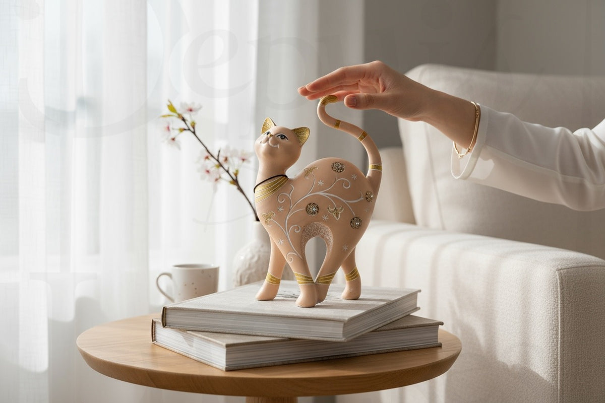 Statuette Chat Déco Résine Rose Glamour