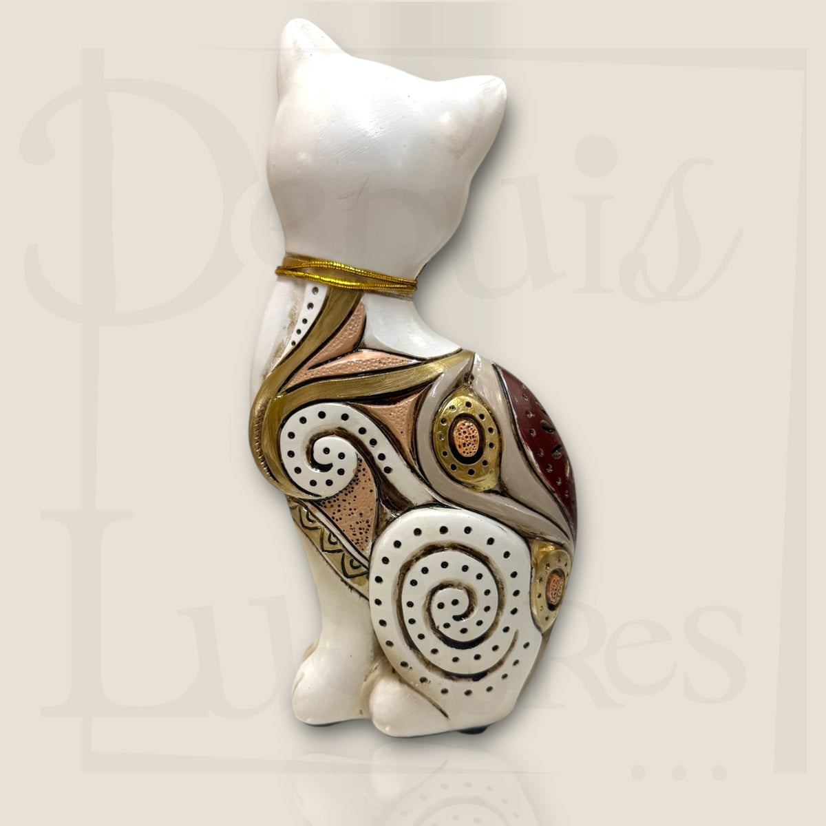Figurine chat déco résine blanc/or/marron