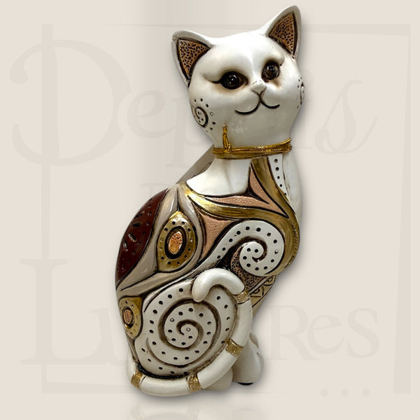 Figurine chat déco résine blanc/or/marron